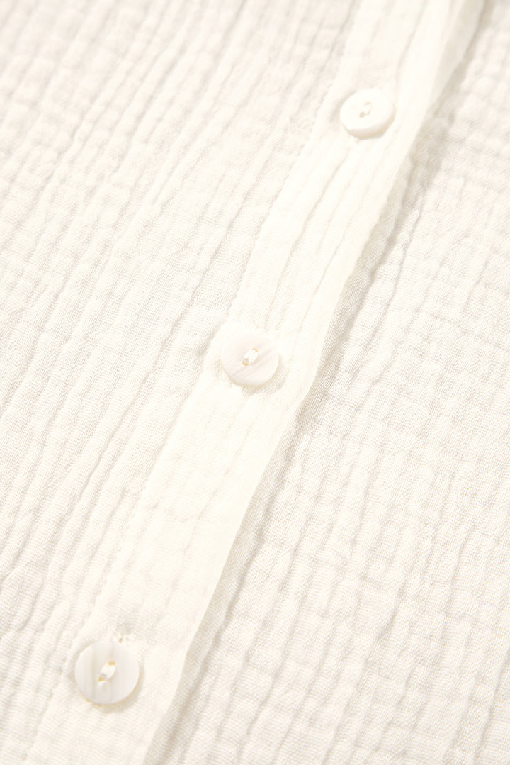 White Embroidered Textured Buttoned Crew Neck Shirt