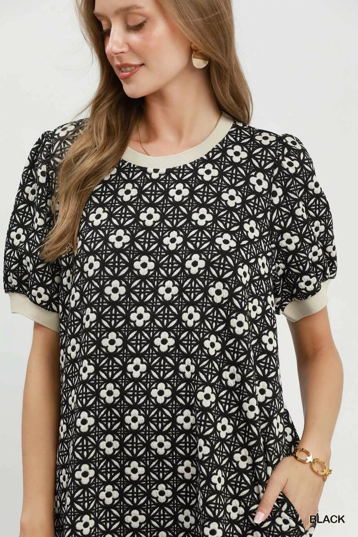 Umgee Floral Textured Puff Sleeve Mini Dress
