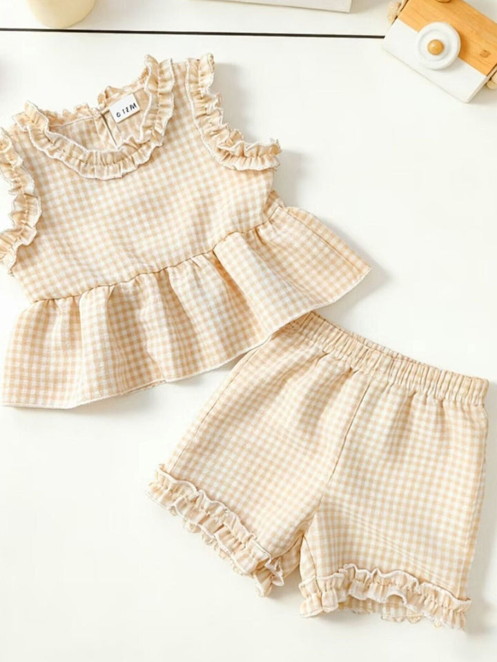 Children's Gingham Ruffle Trim Tank Top & Shorts Set