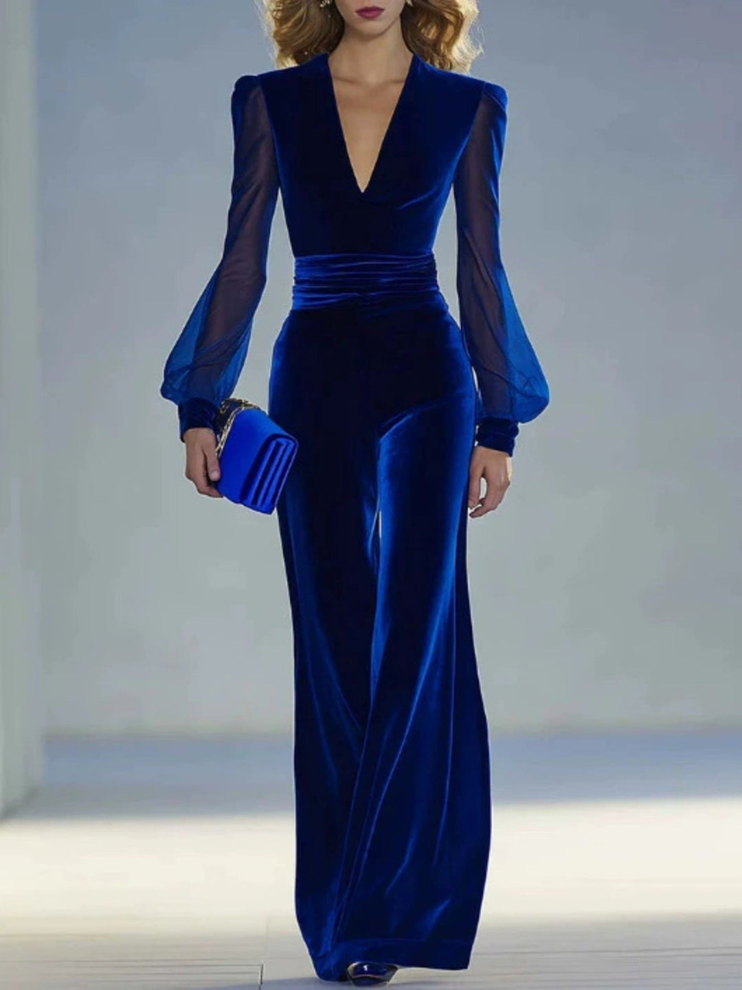 Velvet Wide Leg Jumpsuit with Sheer Sleeves