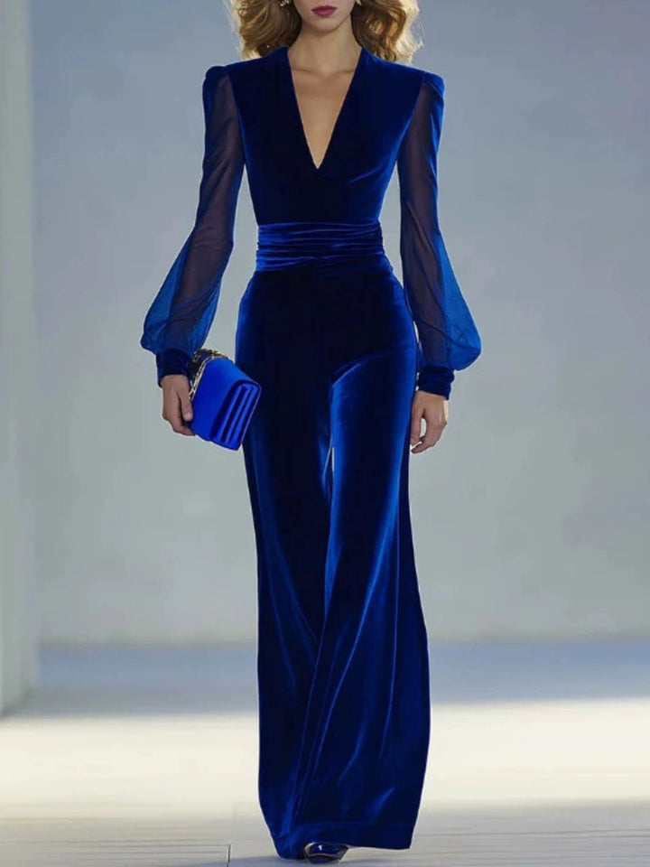 Velvet Wide Leg Jumpsuit with Sheer Sleeves