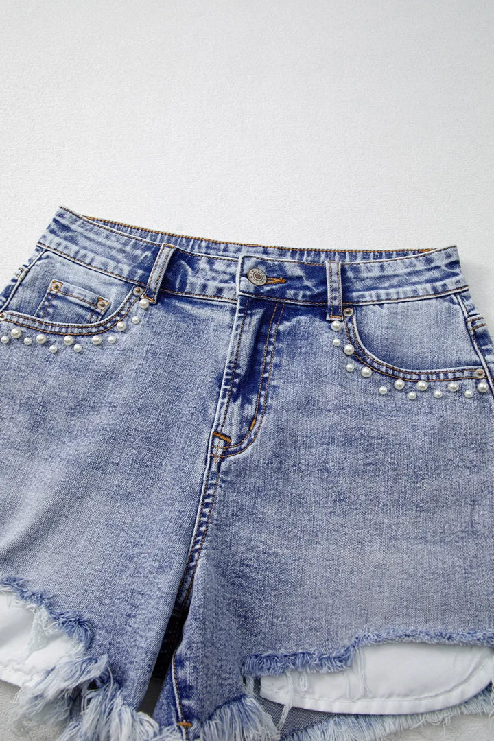Pearl Studded Pockets Raw Hem Denim Shorts