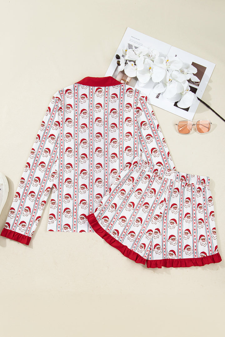 White Santa & Stripes Ruffle PJ Set