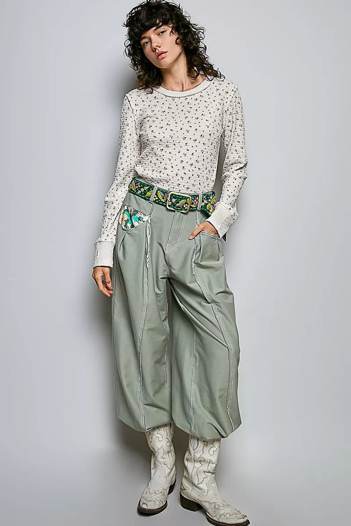 POL Ribbed Knit Floral Crew Neck Long Sleeve Top