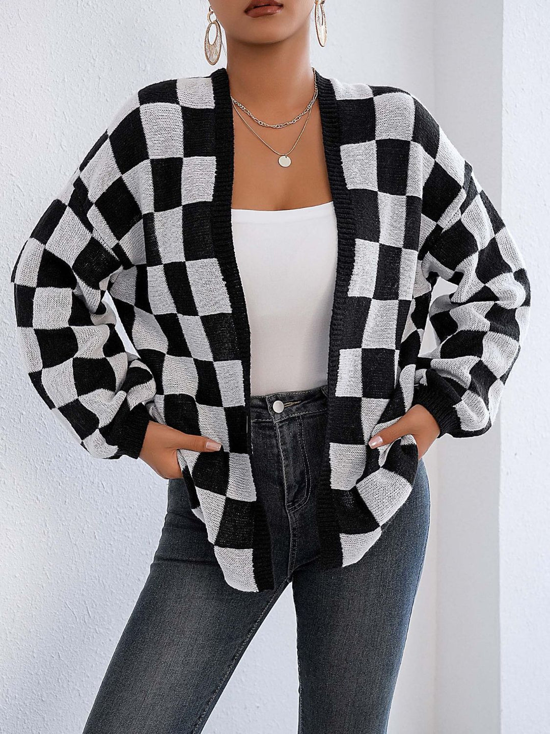 Black and White Checkered Cardigan - Checkered Open Front Long Sleeve Cardigan