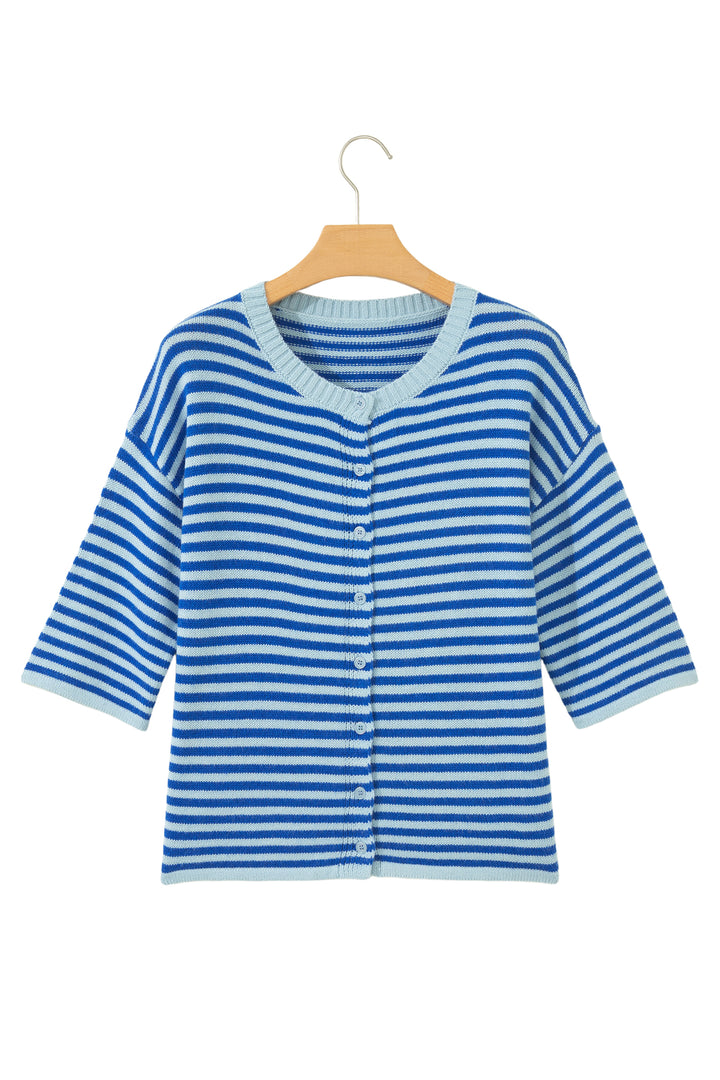 Blue Stripe Loose Half Sleeve Knit Button Down Sweater Cardigan