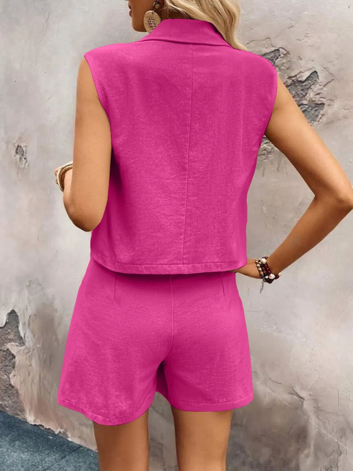 One Button Sleeveless Top and Shorts Set