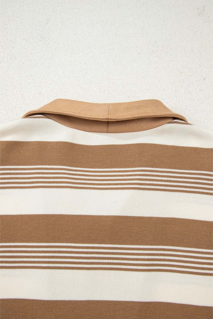 Khaki Stripe Zip Collar Patchwork Vintage Fashion Sweatshirt