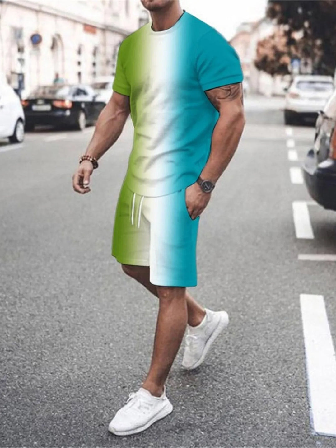 Men's Full Size Gradient Color Casual Tee and Shorts Plus Size Set