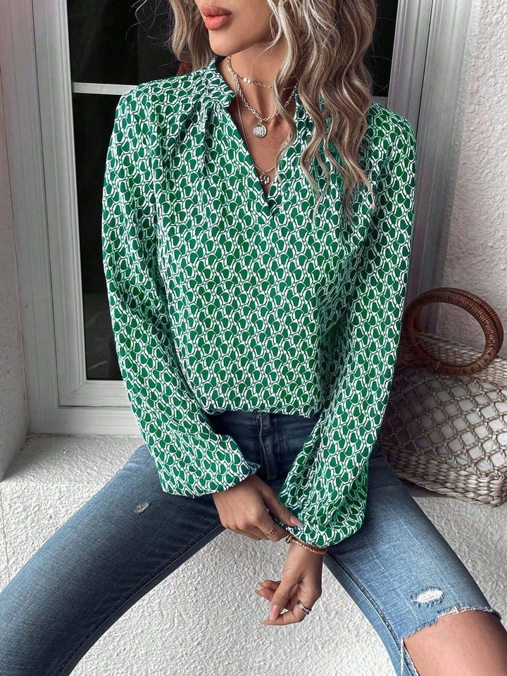 Printed Notched Balloon Sleeve Blouse
