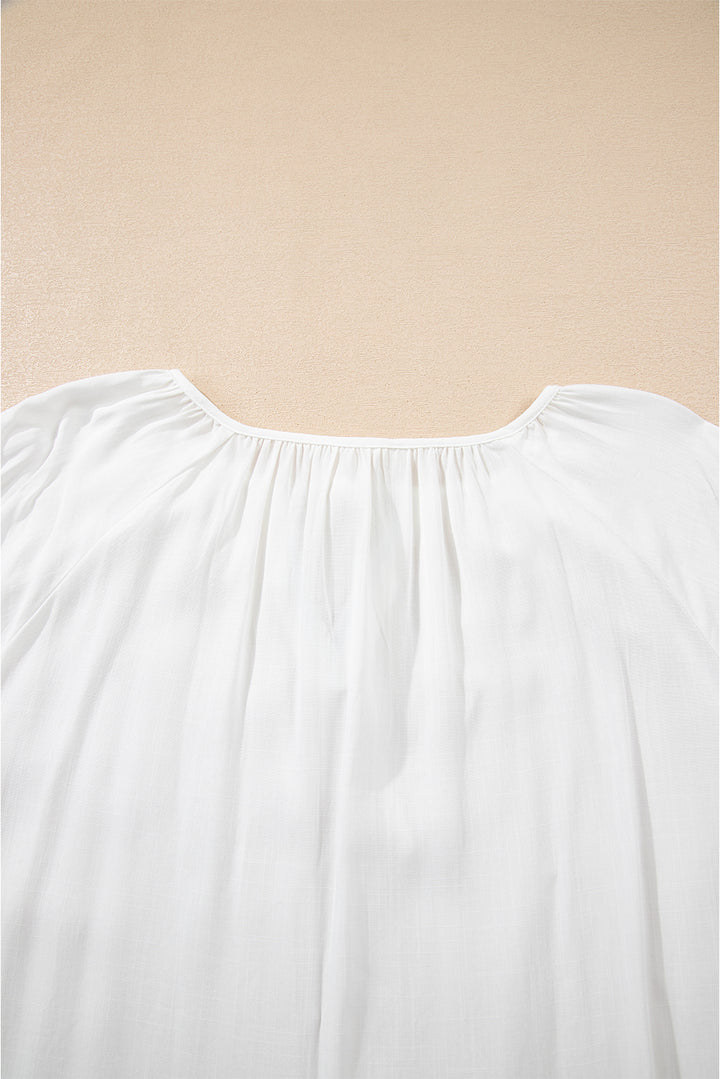 White Floral Embroidered Drawstring V Neck Blouse
