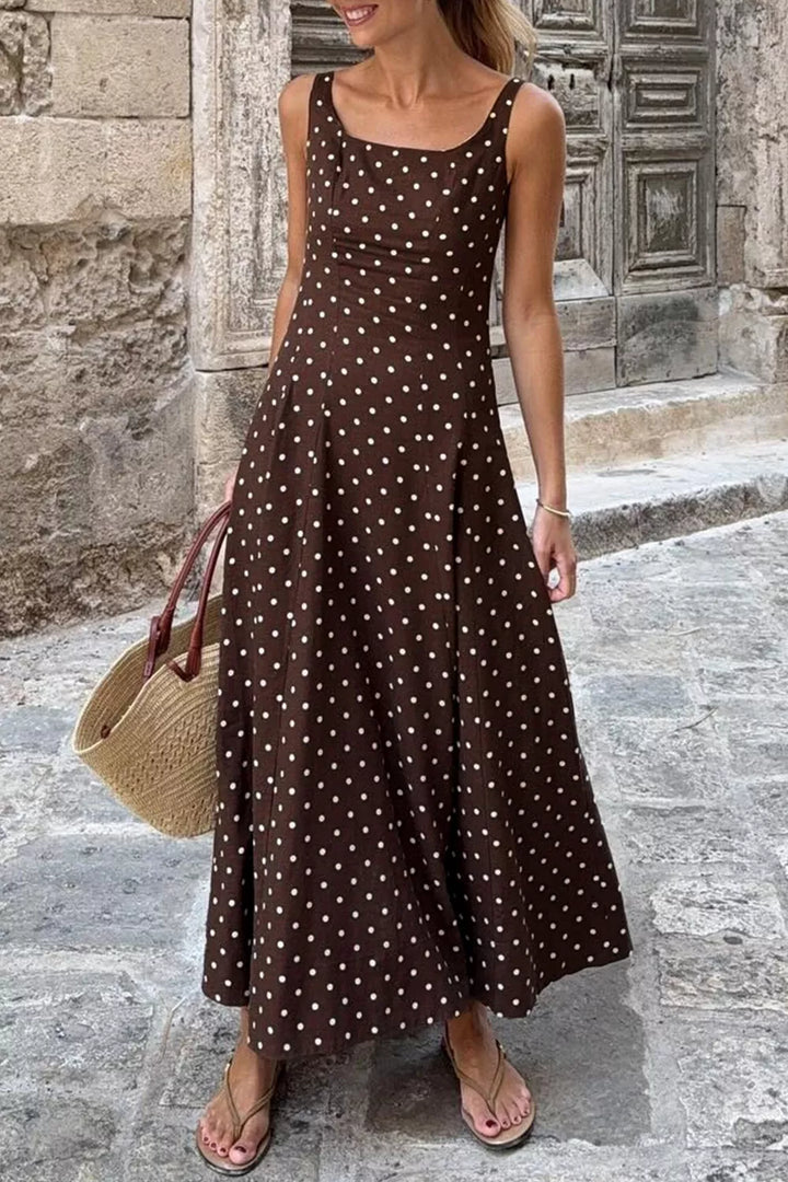 Polka Dot Print Square Neck Sleeveless Vacation Maxi Dress