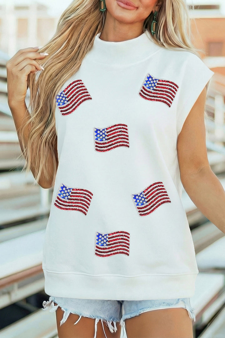 White Sequin American Flag Mock Neck Short Sleeve Top