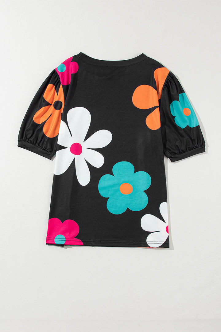 T-shirt à manches bouffantes et imprimé floral noir