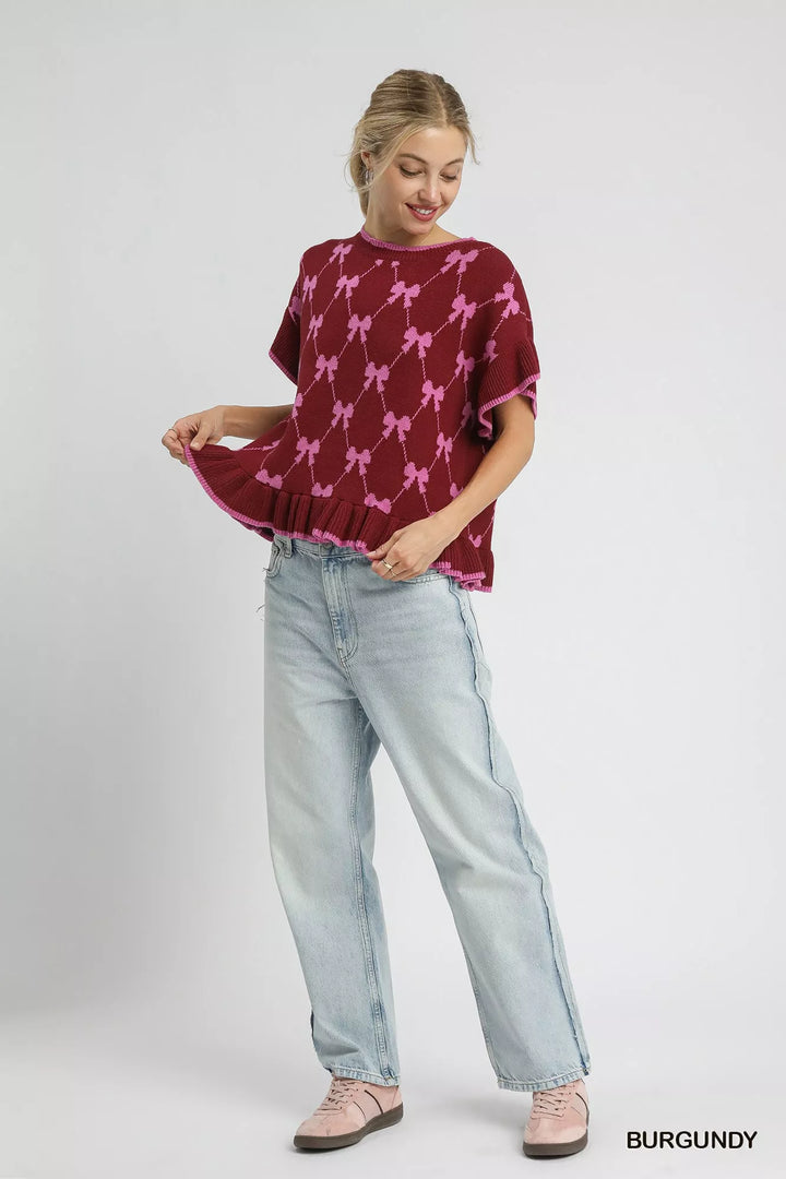 Umgee Bow Knit Ruffle Sleeve Sweater