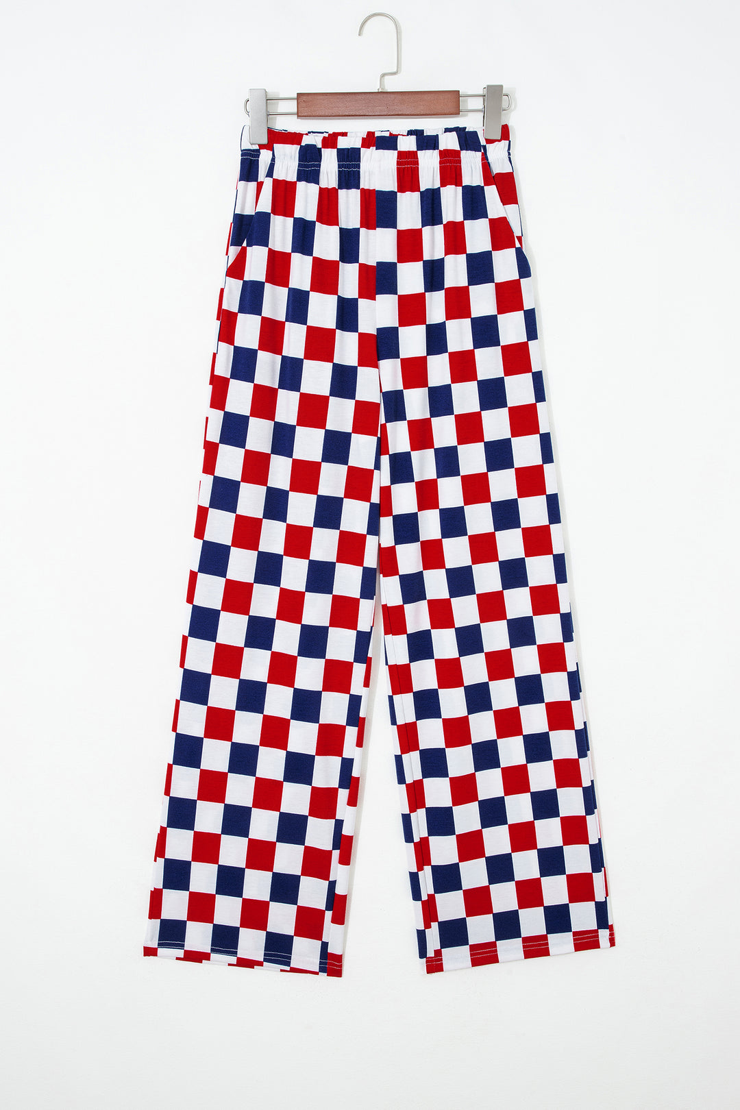 Red 2-Tone Checked Print High Waist Wide Leg Pants