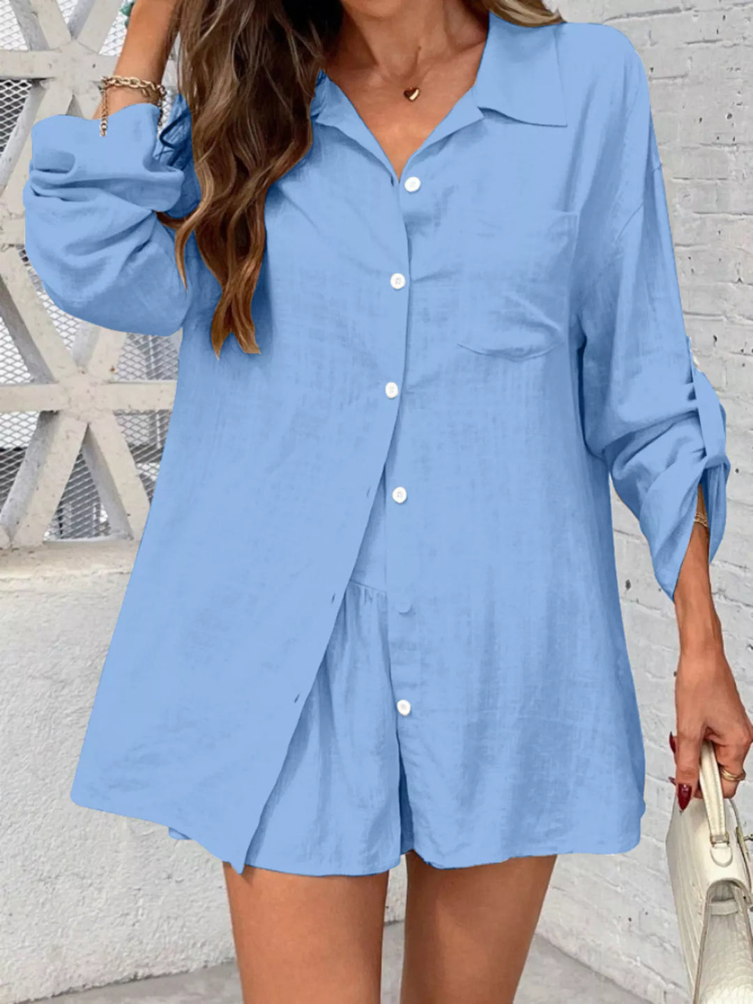 Button Up Roll-Up Sleeve Shirt and Shorts Set