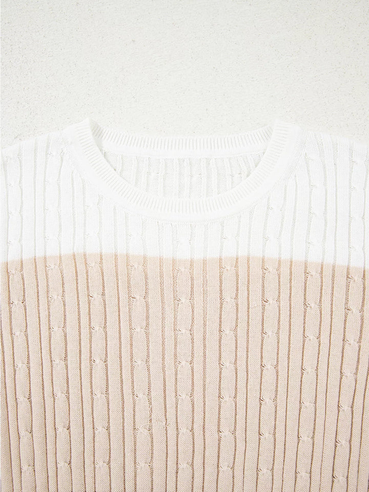 Colorblock Cable Knit Round Neck Sweater