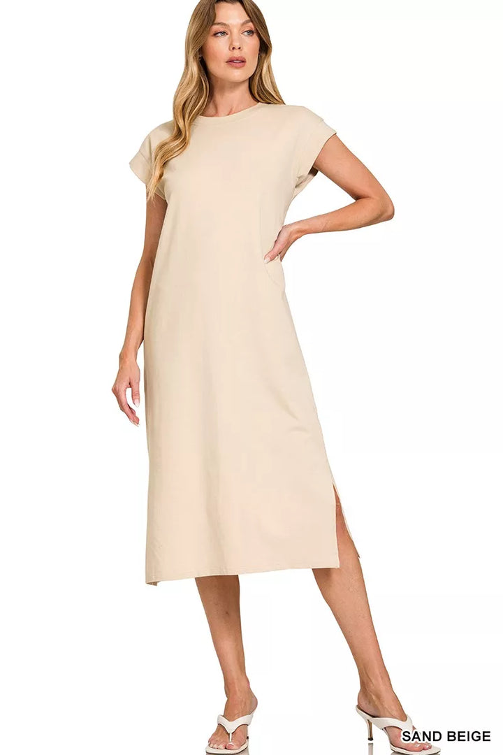 Zenana Round Neck Side Slit Midi Dress