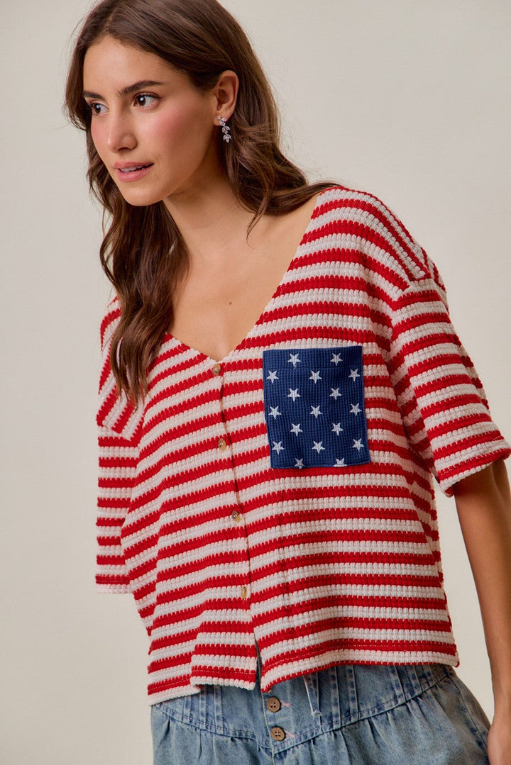 SO ME Stripe Waffle Knit Fourth Of July Cardigan Top
