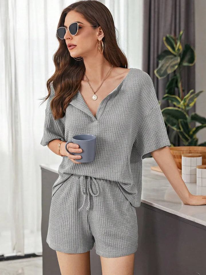 Full Size Waffle-Knit Dropped Shoulder Top and Shorts Set