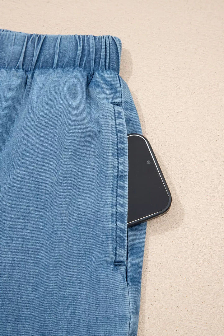 Ruffled Hem Wide Leg Chambray Pants