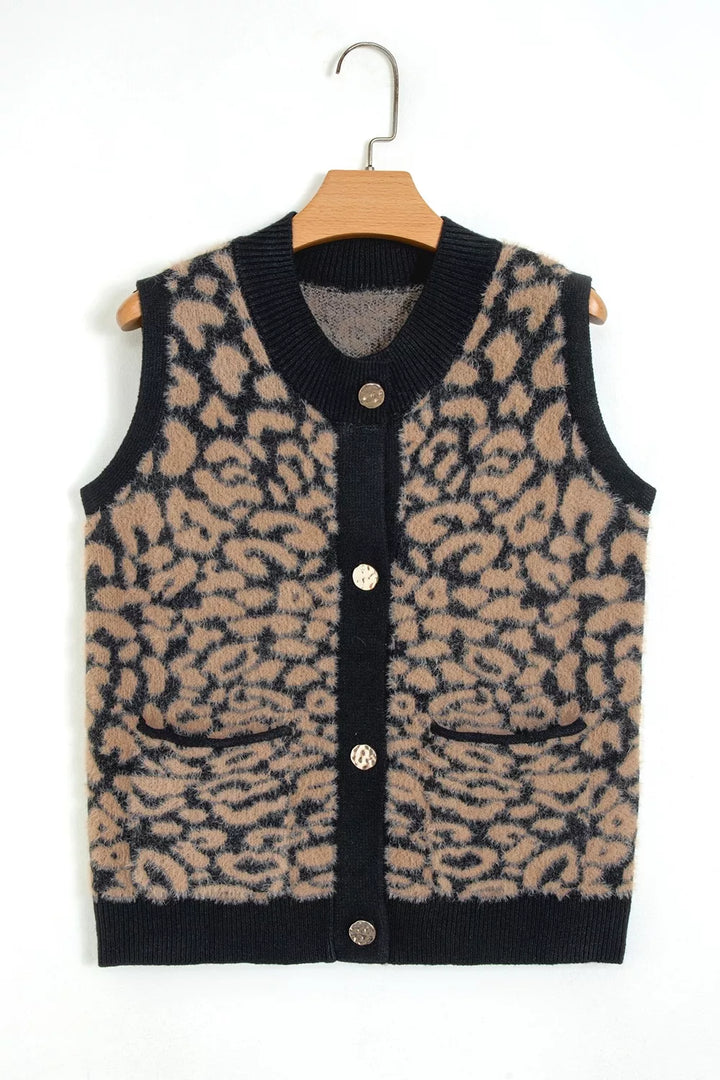 Leopard Print Knit Sleeveless Regular Wash Sweater Vest