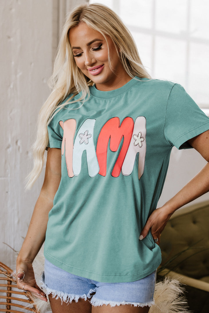 T-shirt ras du cou imprimé vert mer MAMA délavé minéral