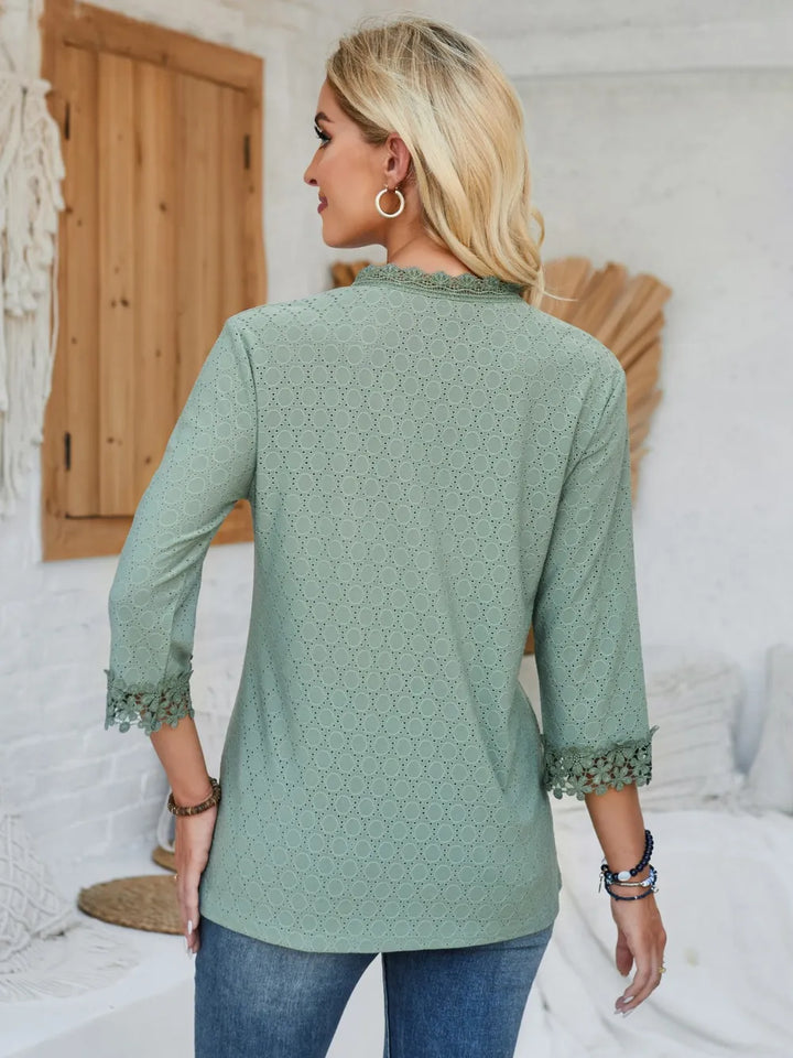 Lace Detail V-Neck Three-Quarter Sleeve Blouse