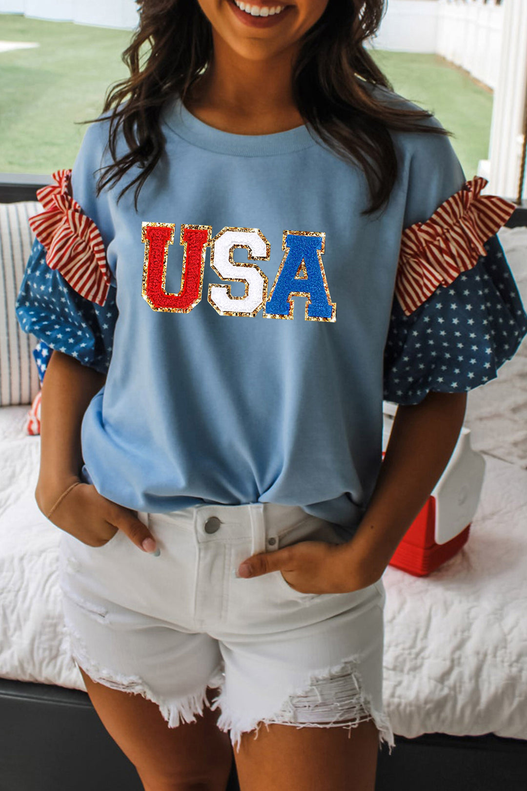Beau Blue USA Chenille Lettering Stars and Stripes Patchwork Sleeve Top
