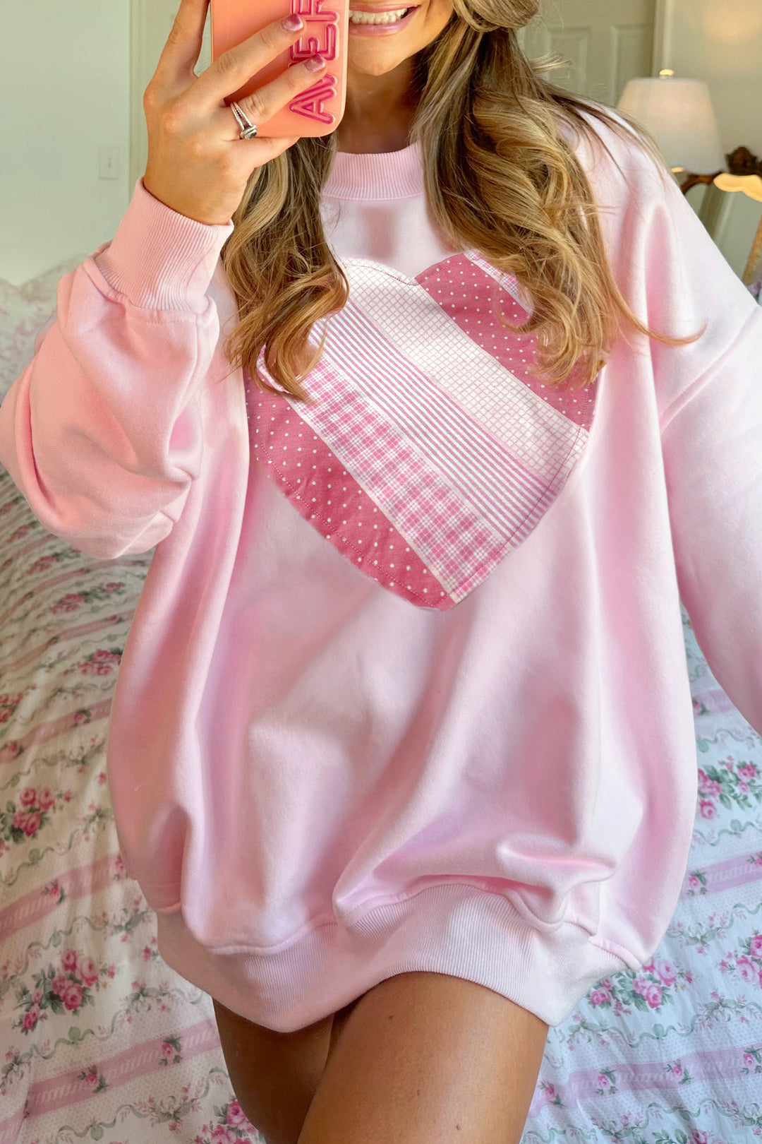 Light Pink Sweetheart Patchwork Mockneck Oversize Sweatshirt