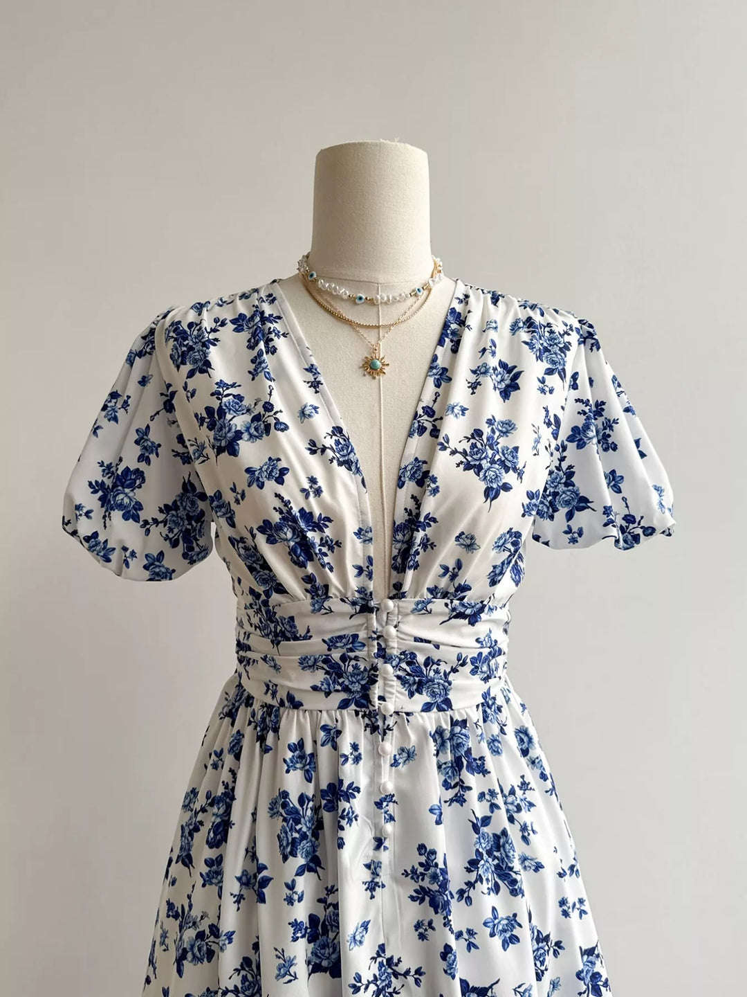 Floral Print V-Neck Puff Sleeve Dress
