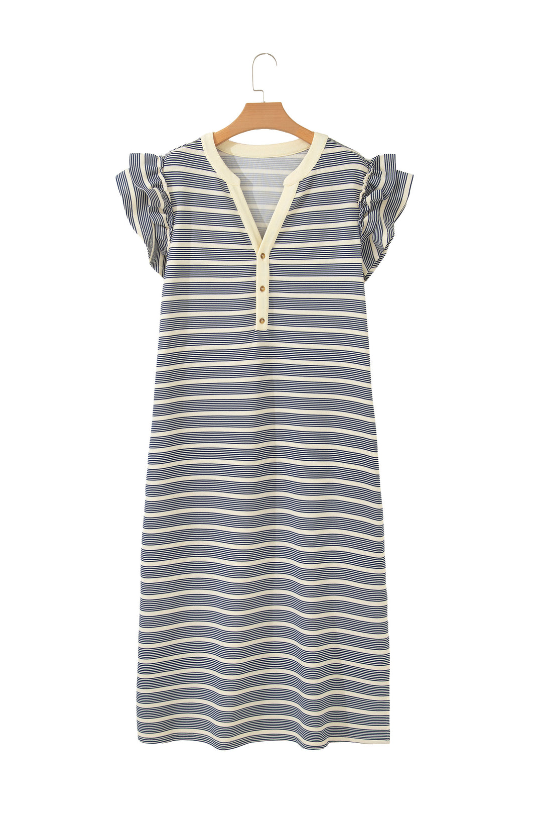 Blue Stripe Plus Size Contrast Trim Button V Neck Ruffle Sleeve Shift Dress