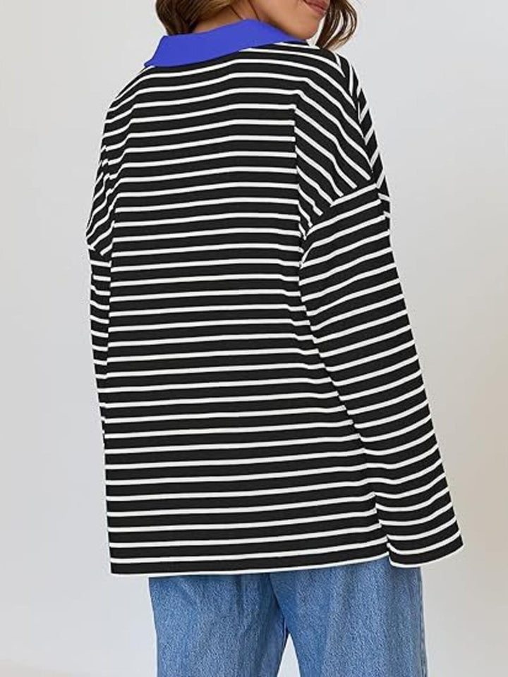 Striped Contrast Collar Long Sleeve Top