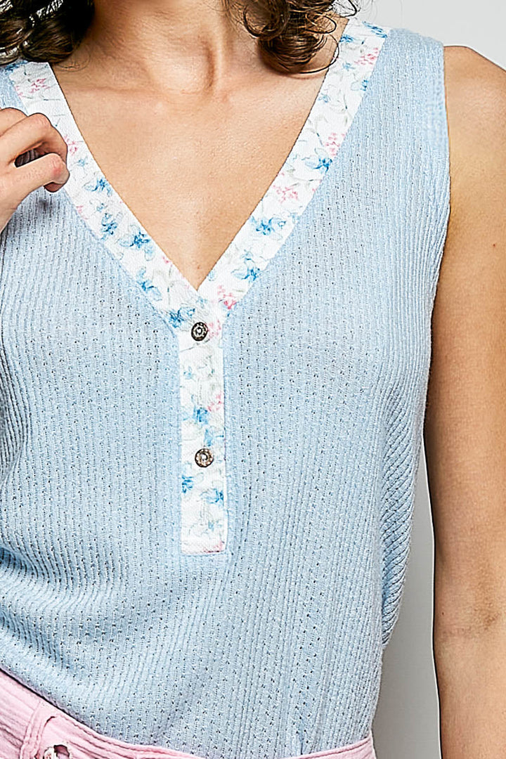 POL Ribbed V-Neck Tank with Contrast Floral Neckband
