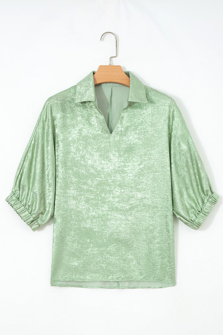 Clearly Aqua Collared V Neck Half Sleeve Metallic Top