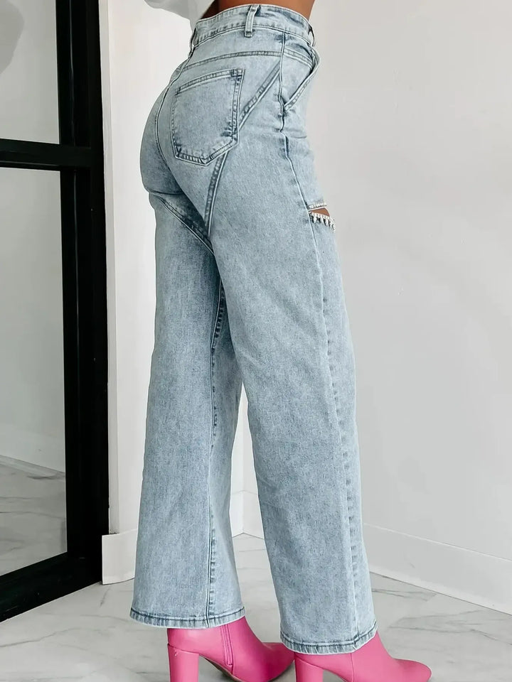 High Waist Cut-Out Wide Leg Jeans