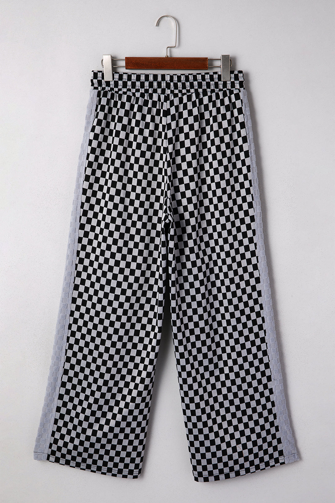 White Checkerboard Drawstring Waist Casual Pants