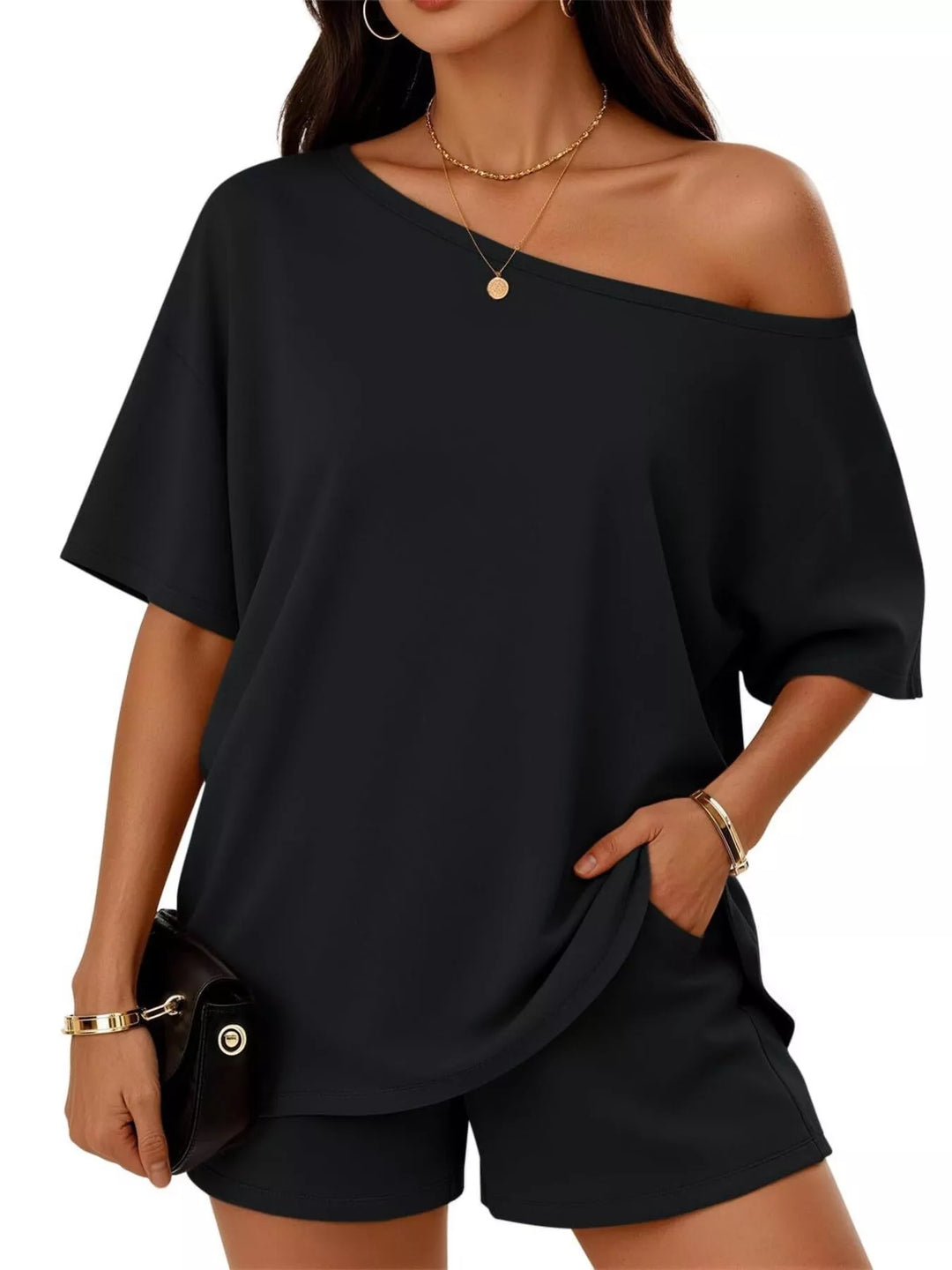 Full Size Boat Neck Tee and Shorts Set Plus Size