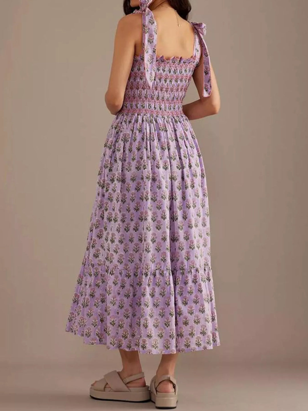 Floral Smocked Tie-Shoulder Midi Dress