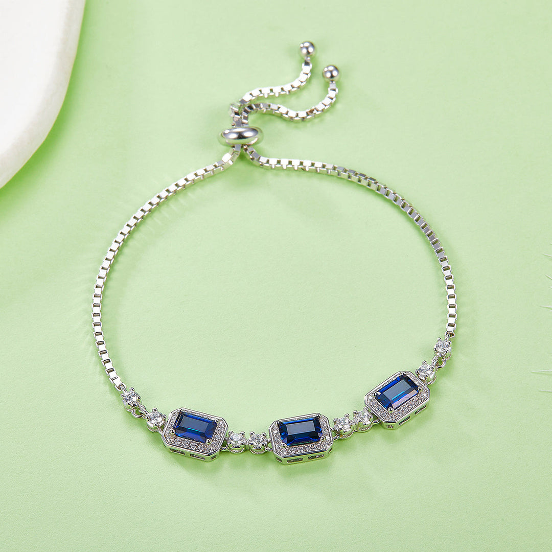 S925 Sterling Silver Adjustable Bolo Bracelet, 6x4mm 3-Stone Lab-Grown Emerald Sapphire Halo, 21cm Platinum Plated 6.2g Women's Jewelry Gift Box