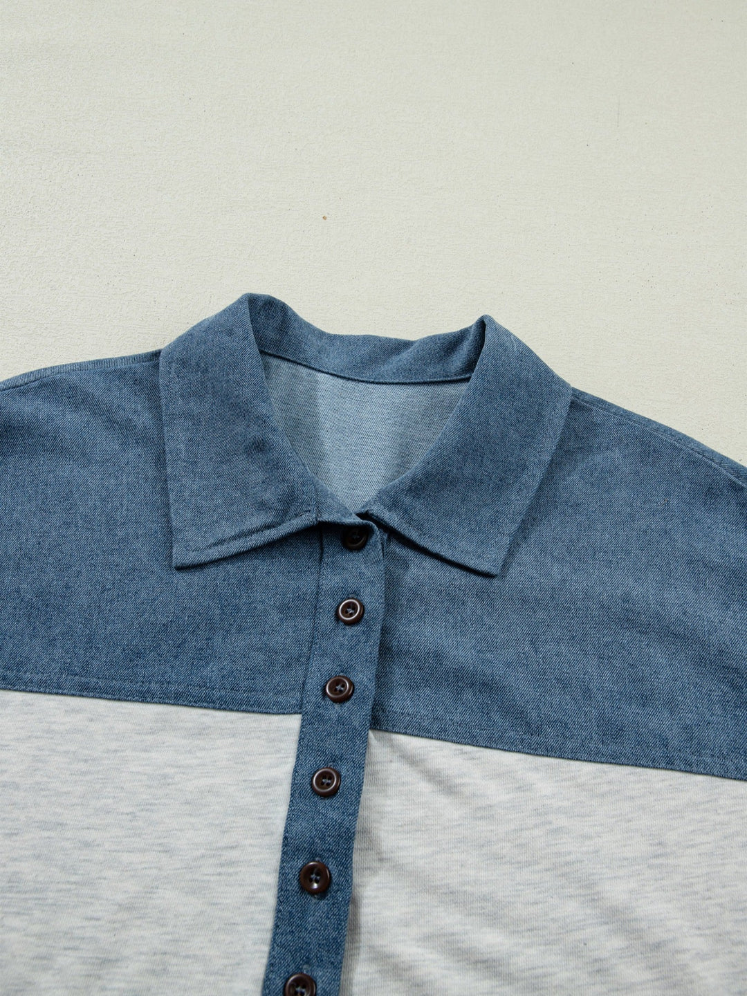 Color Block Denim Patchwork Button Polo Collar Short Sleeve Top