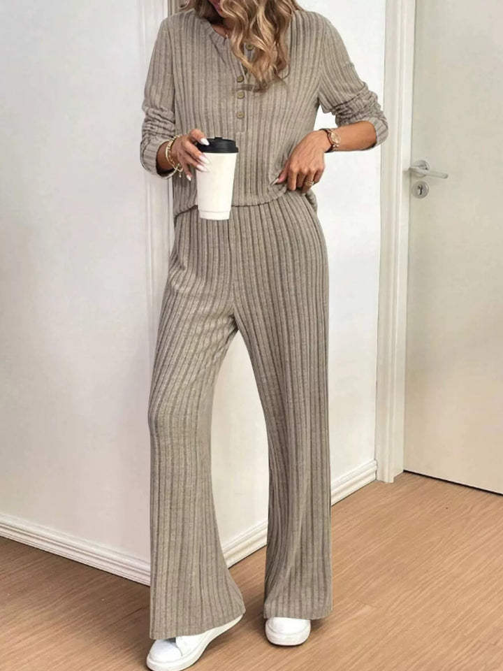 Plus Size Ribbed Knit Button-Front Top and Pants Set