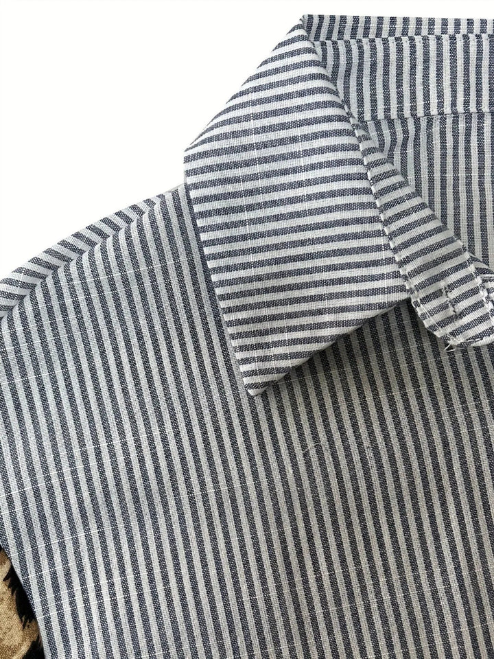 Leopard Print Sleeve Striped Button-Down Shirt