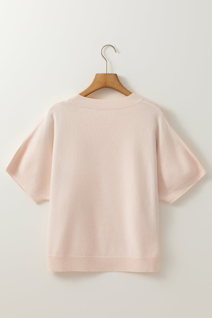 Oatmeal Pearl Bow Embellished Dolman Short Sleeve Sweater