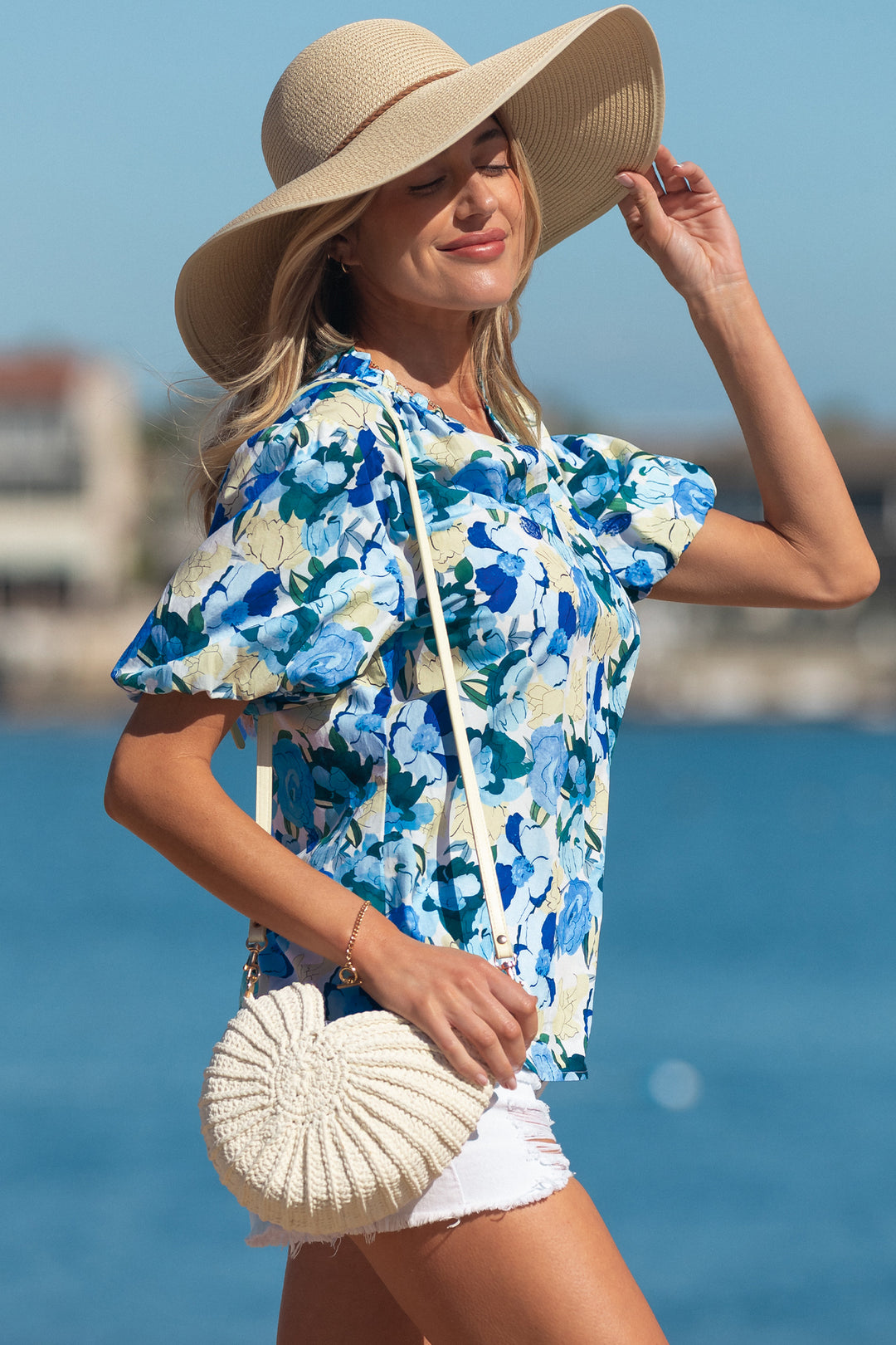 Sky Blue Floral Print Short Puff Sleeve V Neck Blouse