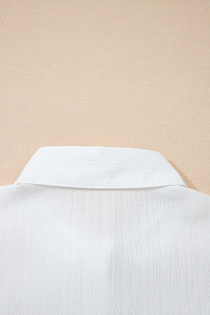 Crinkled Texture Lantern Sleeve Button Down Loose Shirt