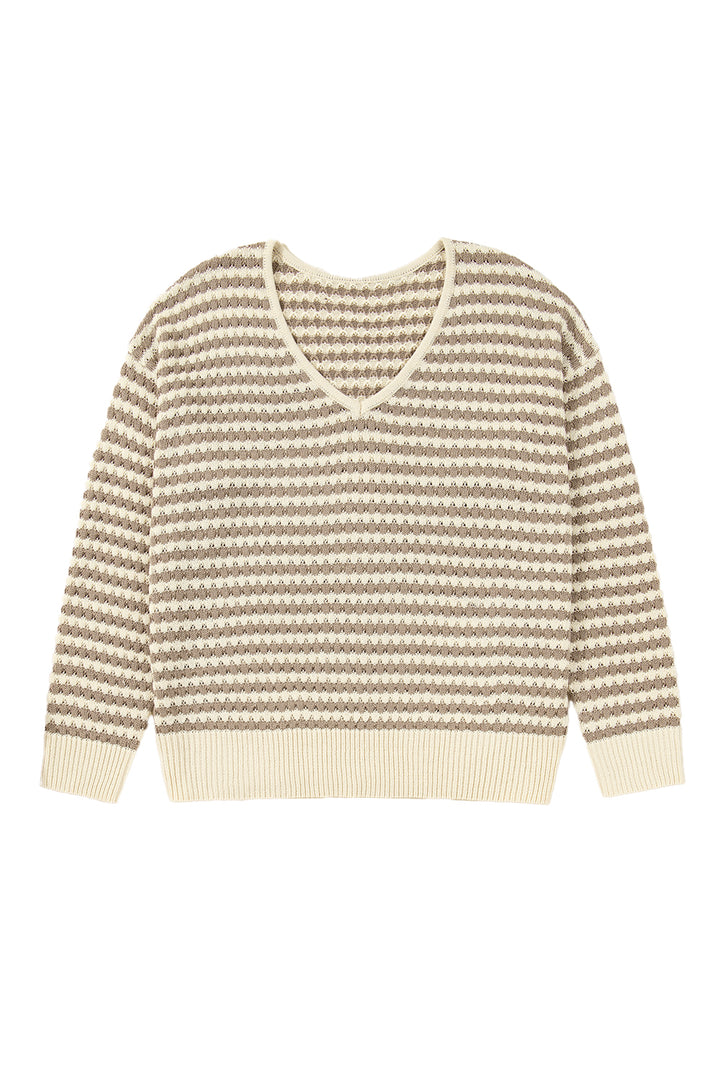 Khaki Stripe Plus Size V Neck Drop Shoulder Sweater