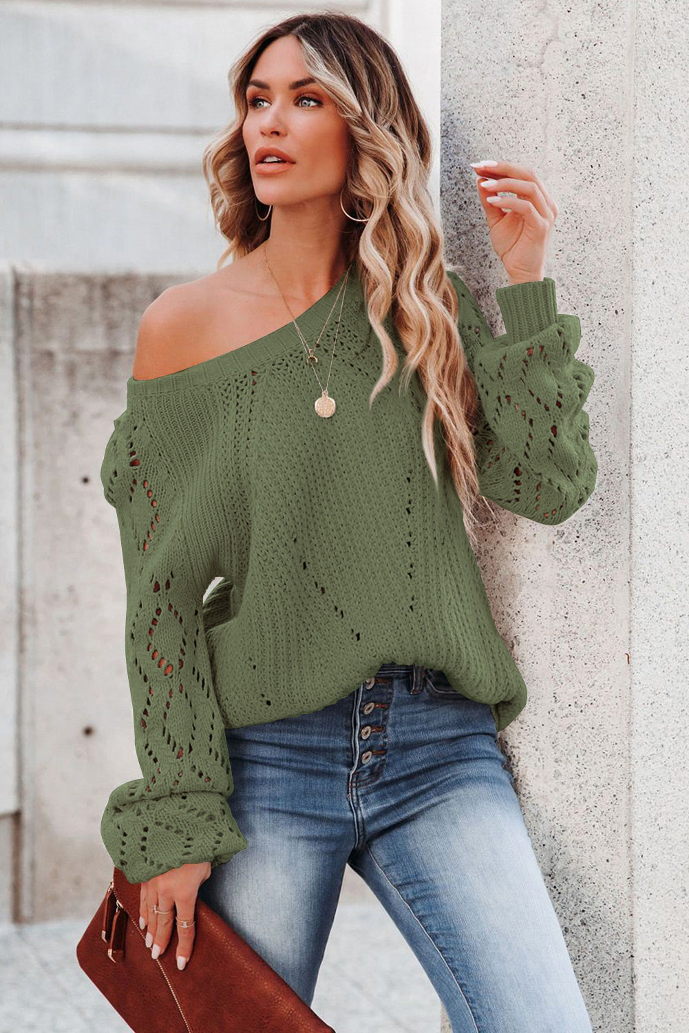 Green Hollow-out Puffy Sleeve Knit Sweater