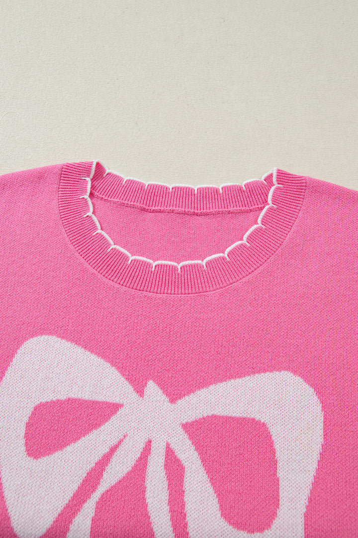 Sachet Pink Big Ribbon Bow Print Contrast Stitch Trim Drop Shoulder Sweater